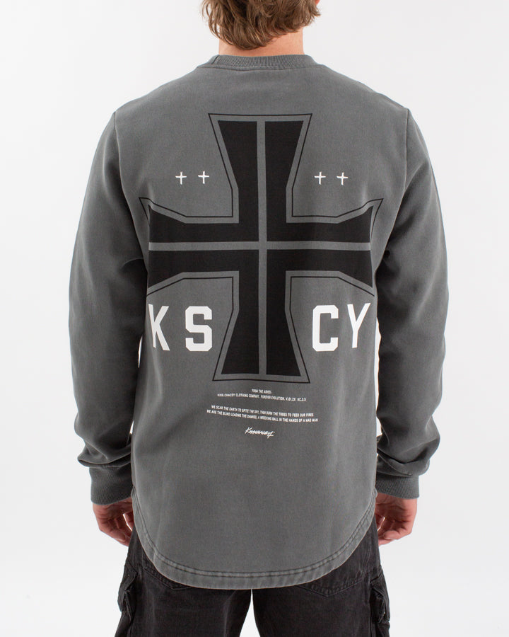 Kiss Chacey Plaza Dual Curved Hem Crew Sweater Pigment Charcoal