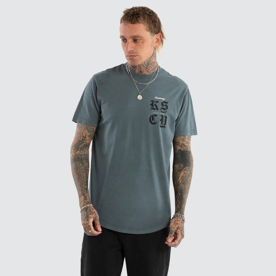 Kiss Chacey Black Letter Dual Curved Hem Tee Pigment Stormy Weather