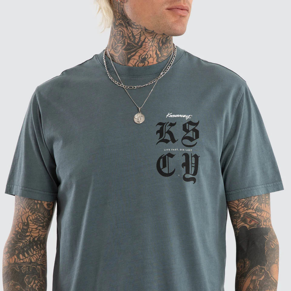 Kiss Chacey Black Letter Dual Curved Hem Tee Pigment Stormy Weather