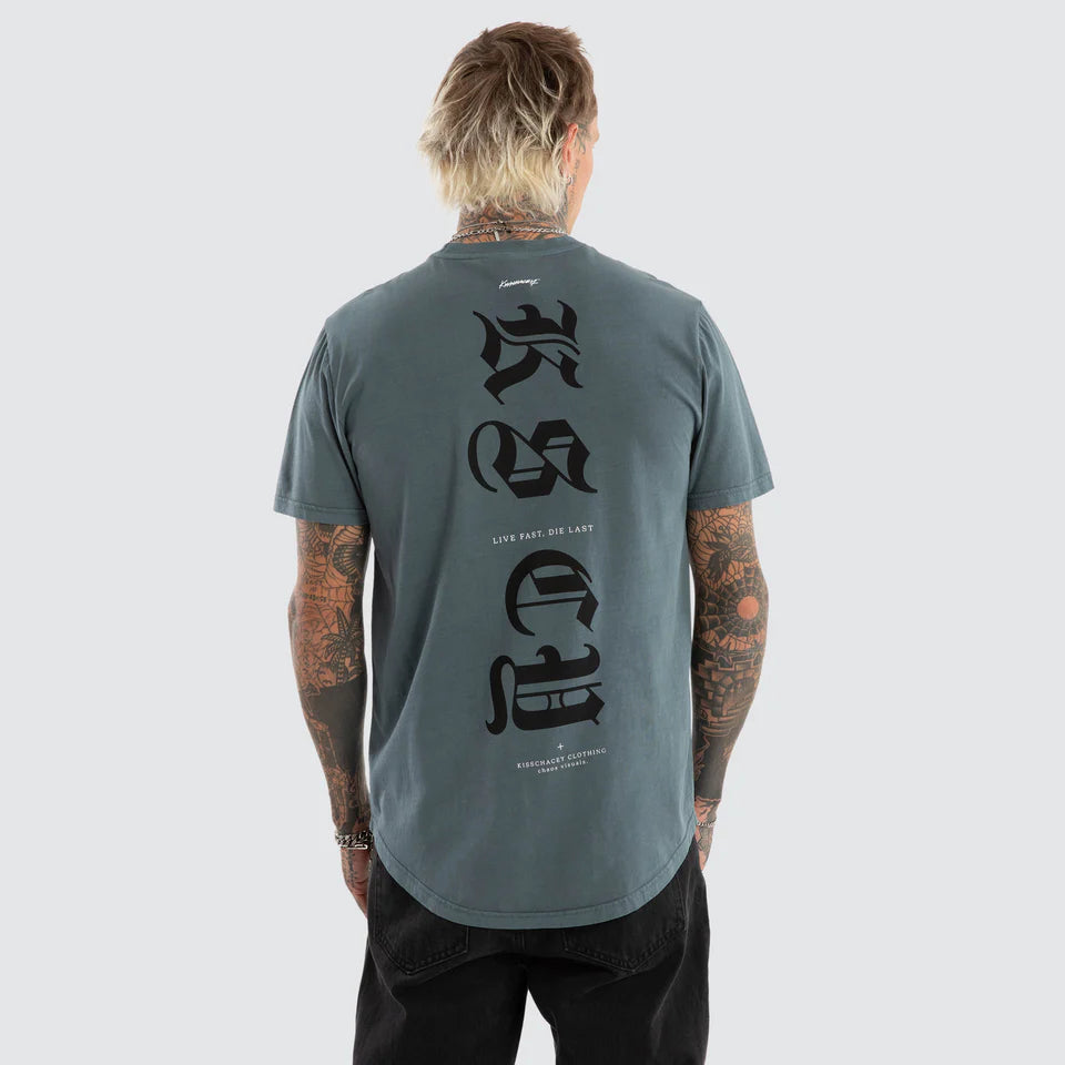 Kiss Chacey Black Letter Dual Curved Hem Tee Pigment Stormy Weather