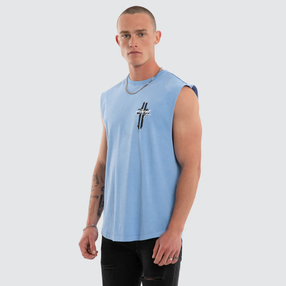 Kiss Chacey Letdown Dual Curved Hem Muscle tee Pigment Vista Blue