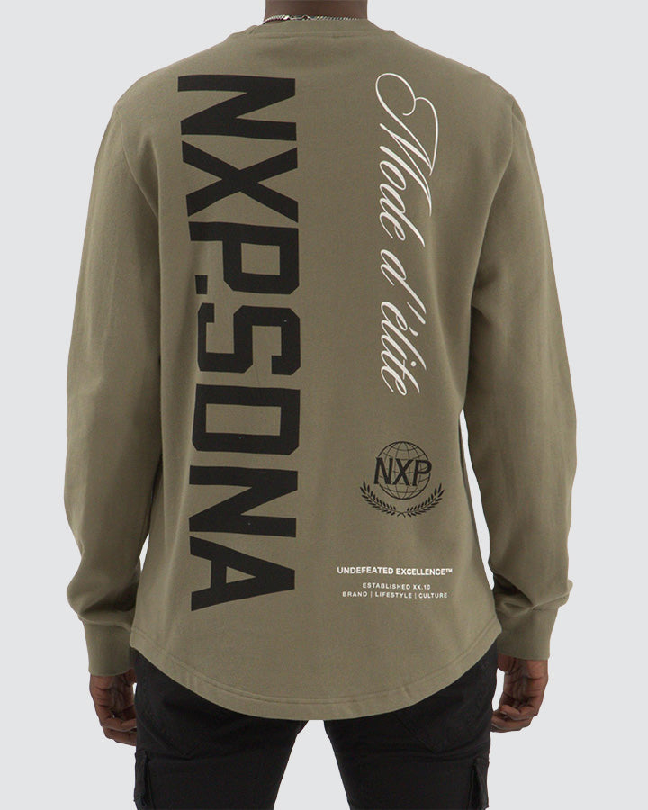 Nena & Pasadena Mate Dual Curved Hem Crew Sweater Khaki