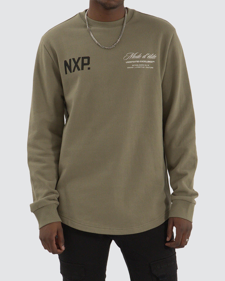 Nena & Pasadena Mate Dual Curved Hem Crew Sweater Khaki