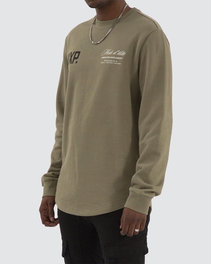 Nena & Pasadena Mate Dual Curved Hem Crew Sweater Khaki